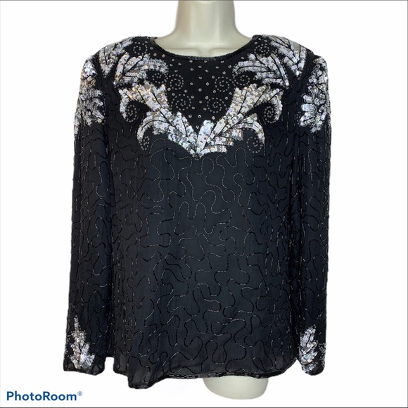Vintage Laurence Kazar Black Sequined Beaded Evening Blouse Long Sleeved Top - Picture 1 of 16